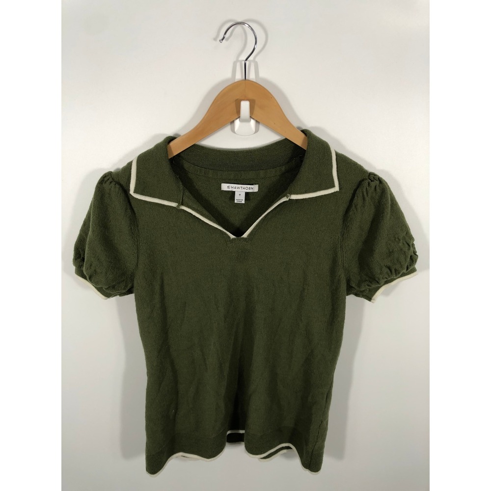 Womens Puff Sleeve Polo Sweater M Green 100% Merino Wool Preppy Old Money Chic